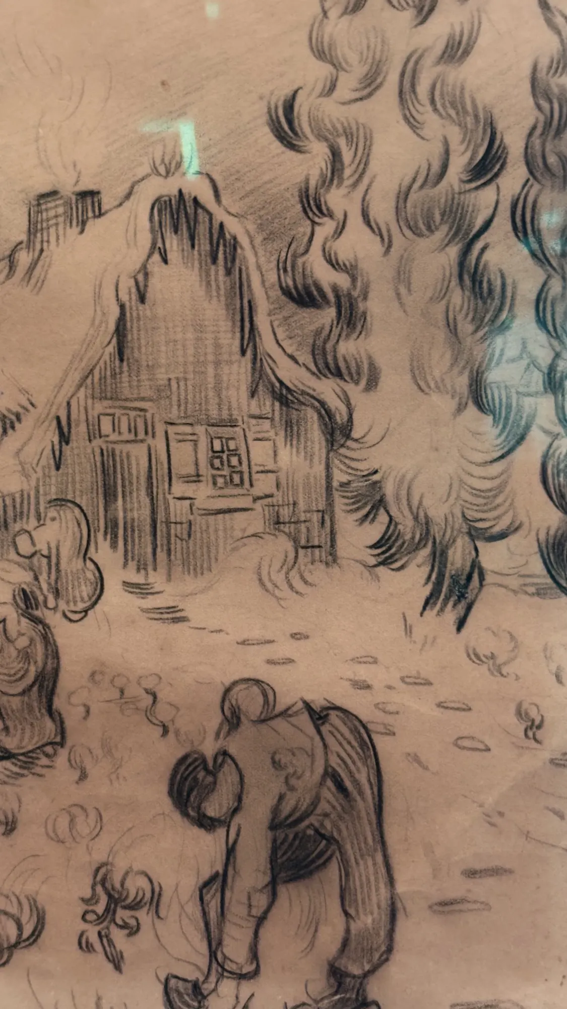 Dessin au fusain d'une chaumière et de deux paysans, arbres en boucles et chemin en tirets