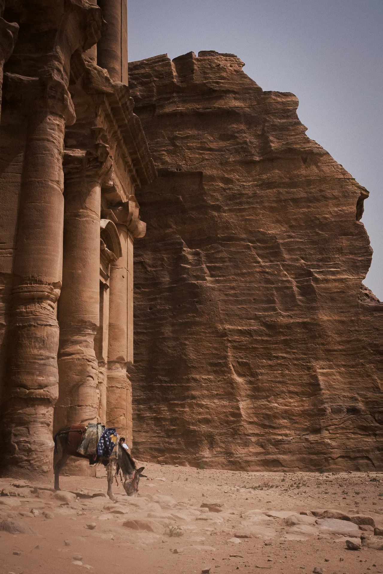 Façade taillée dans la roche, un âne à l'ombre